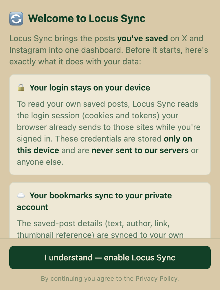The Locus Sync first-run notice explaining what it does with your data, with the enable button at the bottom