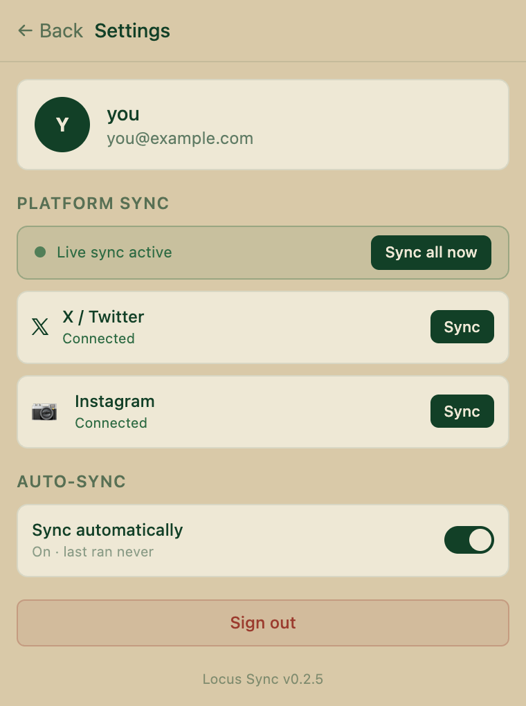 Locus Sync settings after visiting both sites: X and Instagram read Connected and their Sync buttons are active
