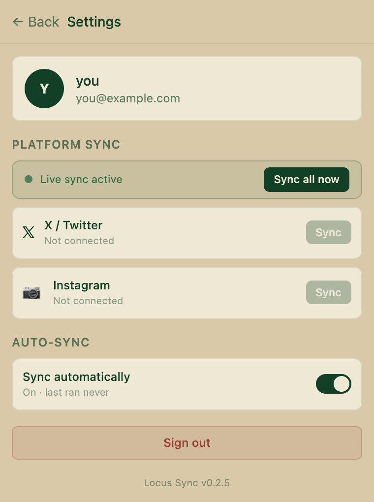 Locus Sync settings, Platform Sync section: X and Instagram both read Not connected with greyed Sync buttons