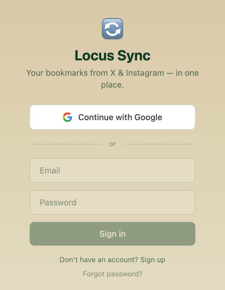 The Locus Sync sign-in panel: Continue with Google, or email and password, with a Sign up link